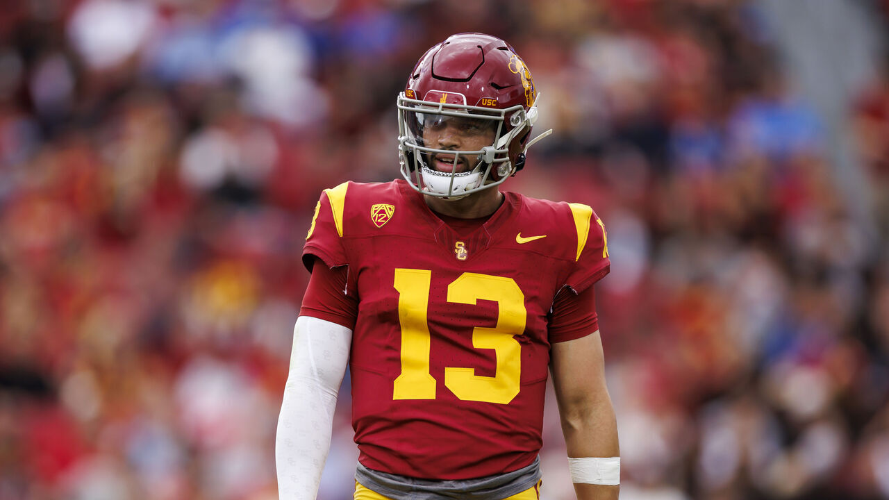 LOS ANGELES, CALIFORNIA - NOVEMBER 18: Caleb Williams #13 of the USC Trojans looks on during the first half of a game against the UCLA Bruins at United Airlines Field at the Los Angeles Memorial Coliseum on November 18, 2023 in Los Angeles, California.