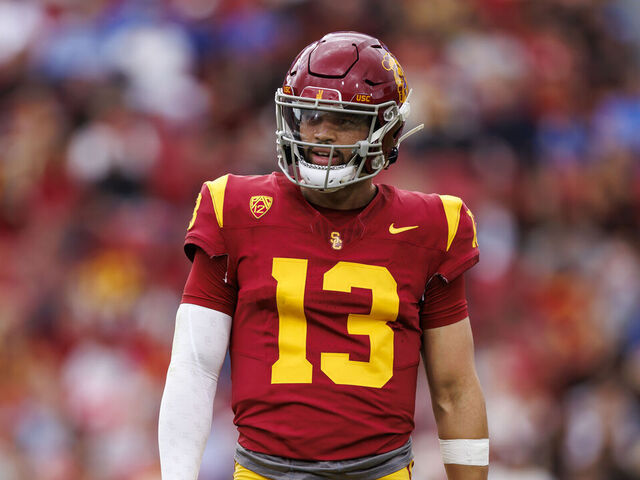 LOS ANGELES, CALIFORNIA - NOVEMBER 18: Caleb Williams #13 of the USC Trojans looks on during the first half of a game against the UCLA Bruins at United Airlines Field at the Los Angeles Memorial Coliseum on November 18, 2023 in Los Angeles, California.