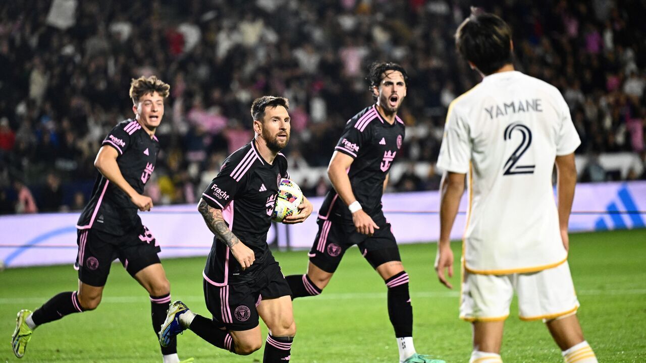 Inter Miami FC's Argentinian forward #10 Lionel Messi celebrates scoring a goal against the LA Galaxy at Dignity Health Sports Park during their MLS match on February 25, 2024 in Carson California.