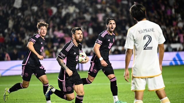 Inter Miami FC's Argentinian forward #10 Lionel Messi celebrates scoring a goal against the LA Galaxy at Dignity Health Sports Park during their MLS match on February 25, 2024 in Carson California.