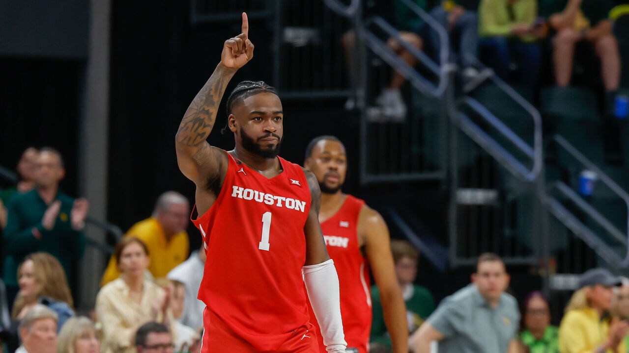 WACO, TX - FEBRUARY 24: Houston Cougars guard Jamal Shead (1) holds up the number one sign after winning the the Big 12 college basketball game between Baylor Bears and Houston Cougars on February 24, 2024, at Foster Pavilion in Waco, Texas.