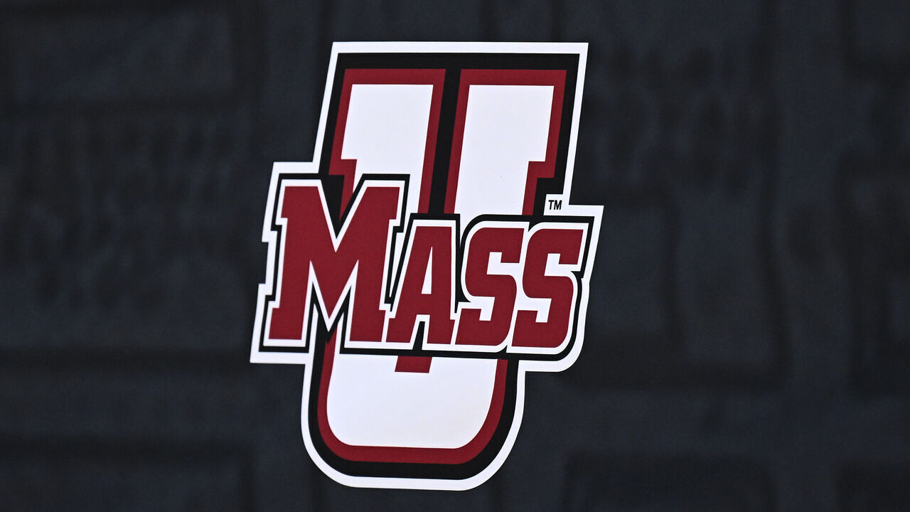 WASHINGTON, DC - MARCH 11: The Massachusetts Minutemen logo on display during the Quarterfinals of the 2022 Atlantic 10 Men's Basketball Tournament at Capital One Arena on March 11, 2022 in Washington, DC.