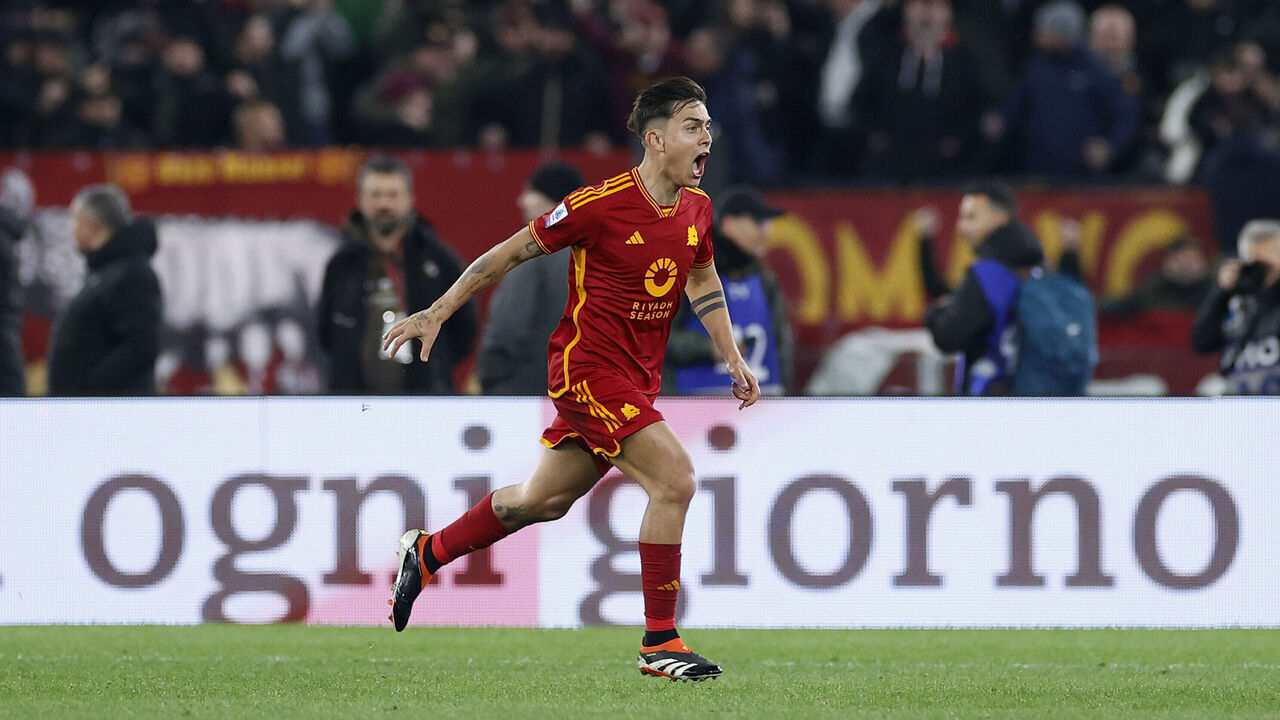 ROME, ITALY - FEBRUARY 26: Paulo Dybala of AS Roma celebrates after scoring his team's second goal during the Serie A TIM match between AS Roma and Torino FC at Stadio Olimpico on February 26, 2024 in Rome, Italy.