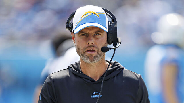 NASHVILLE, TENNESSEE - SEPTEMBER 17: Head Coach Brandon Staley of the Los Angeles Chargers on the sidelines during the game against the Tennessee Titans at Nissan Stadium on September 17, 2023 in Nashville, Tennessee. The Titans defeated the Chargers 27-24.