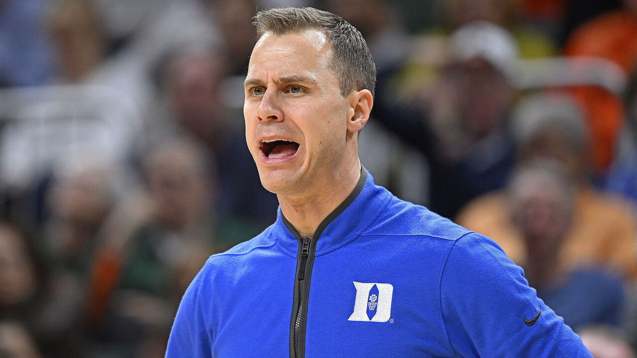 CORAL GABLES, FL - FEBRUARY 21: Duke Head Coach Jon Scheyer reacts to a call in the second half as the Miami Hurricanes faced the Duke Blue Devils on February 21, 2024, at the Watsco Center in Coral Gables, Florida.