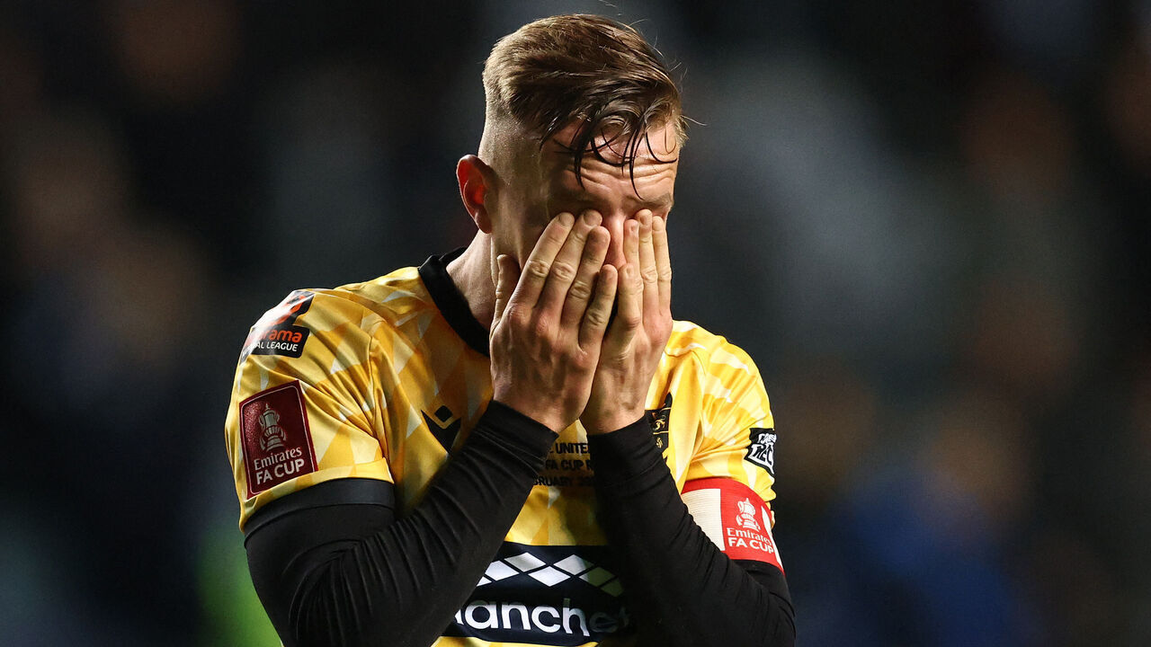 Maidstone's English midfielder #08 Sam Corne reacts after the English FA Cup fifth round football match between Coventry City and Maidstone United at the Coventry Building Society Arena in Coventry, central England on February 26, 2024. Coventry won the match 5-0.