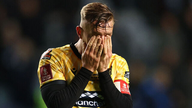 Maidstone's English midfielder #08 Sam Corne reacts after the English FA Cup fifth round football match between Coventry City and Maidstone United at the Coventry Building Society Arena in Coventry, central England on February 26, 2024. Coventry won the match 5-0.