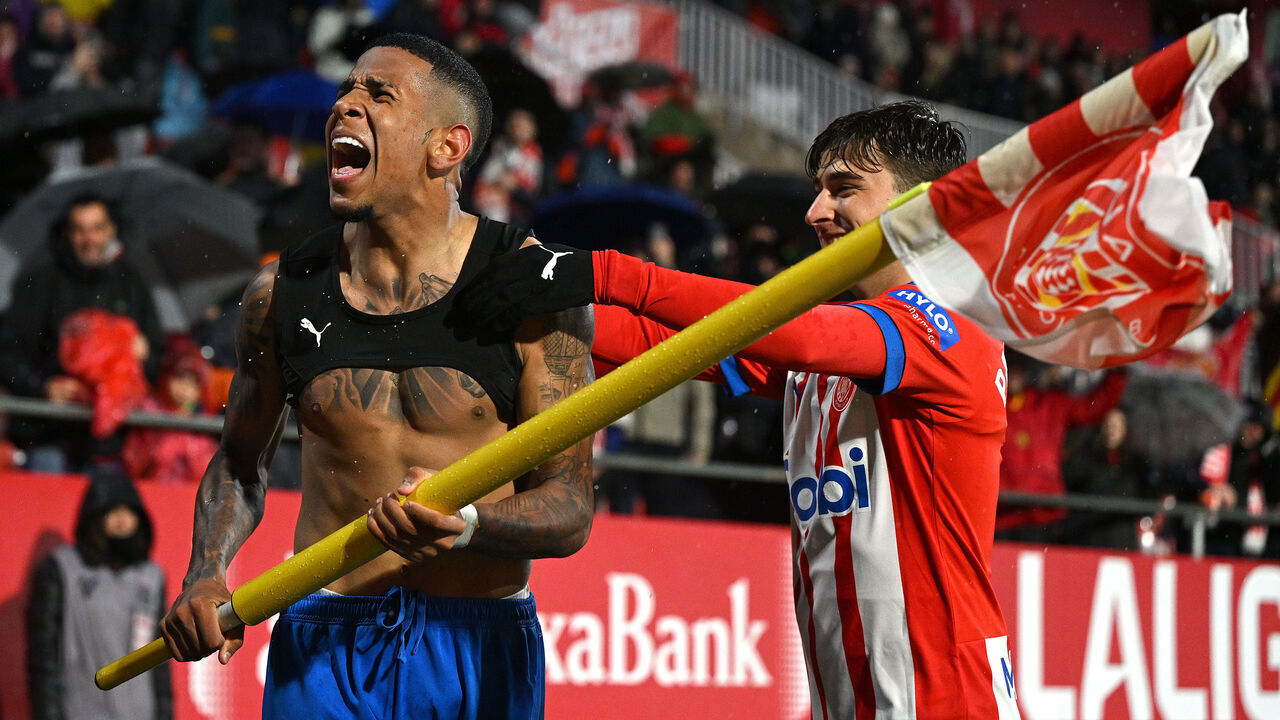 GIRONA, SPAIN - FEBRUARY 26: Savio of Girona celebrates scoring the 2nd team goal during the LaLiga EA Sports match between Girona FC and Rayo Vallecano at Montilivi Stadium on February 26, 2024 in Girona, Spain.