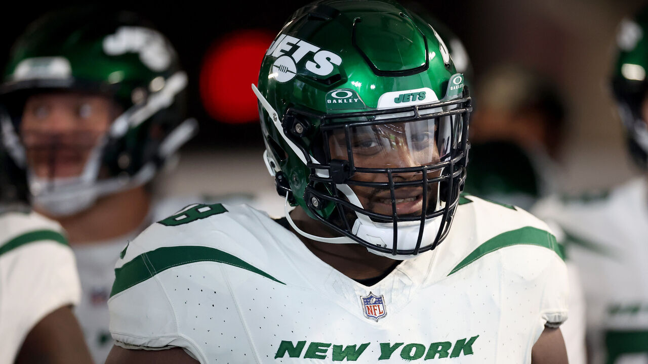 LAS VEGAS, NEVADA - NOVEMBER 12: Laken Tomlinson #78 of the New York Jets looks on prior to a game against the Las Vegas Raiders at Allegiant Stadium on November 12, 2023 in Las Vegas, Nevada.
