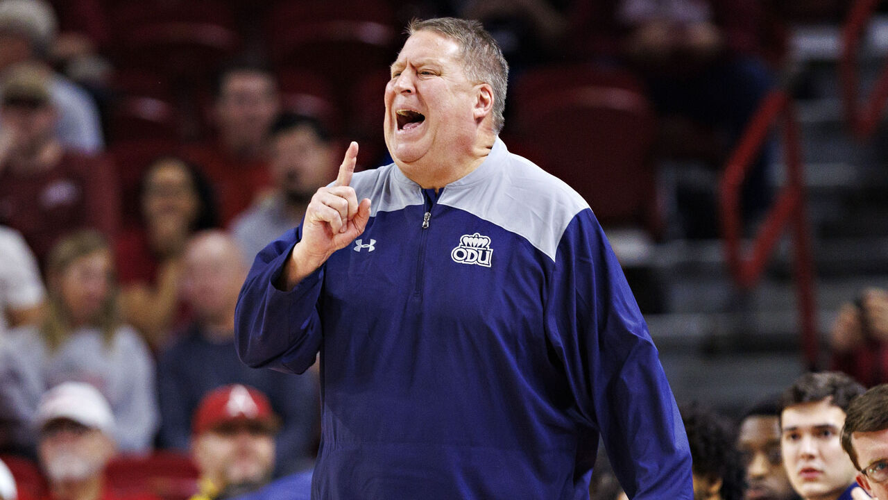 FAYETTEVILLE, ARKANSAS - NOVEMBER 13: Head Coach Jeff Jones of the Old Dominion Monarchs yells to his team during the game against the Arkansas Razorbacks at Bud Walton Arena on November 13, 2023 in Fayetteville, Arkansas. The Razorbacks defeated the Monarchs 86-77.