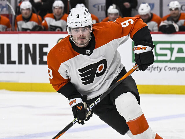 PITTSBURGH, PA - FEBRUARY 25: Philadelphia Flyers defenseman Jamie Drysdale (9) skates during the second period in the NHL game between the Pittsburgh Penguins and the Philadelphia Flyers on February 25, 2024, at PPG Paints Arena in Pittsburgh, PA.