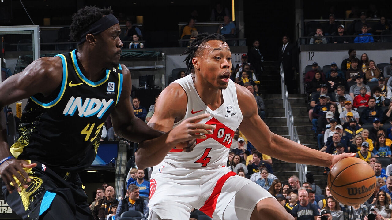 INDIANAPOLIS, IN - FEBRUARY 26: Scottie Barnes #4 of the Toronto Raptors handles the ball during the game against the Indiana Pacers on February 26, 2024 at Gainbridge Fieldhouse in Indianapolis, Indiana. Mandatory Copyright Notice: Copyright 2024 NBAE