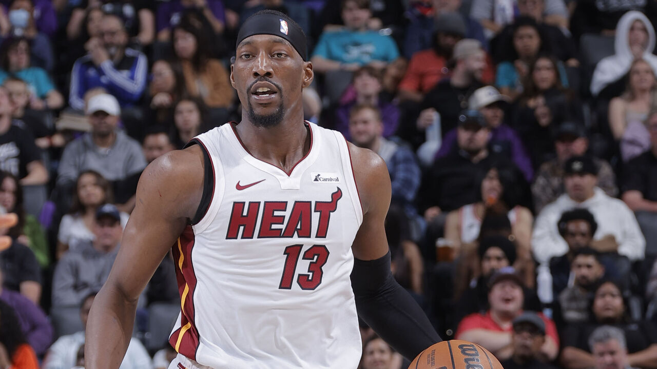 SACRAMENTO, CA - FEBRUARY 26: Bam Adebayo #13 of the Miami Heat dribbles the ball during the game against the Sacramento Kings on February 26, 2024 at Golden 1 Center in Sacramento, California. Mandatory Copyright Notice: Copyright 2024 NBAE