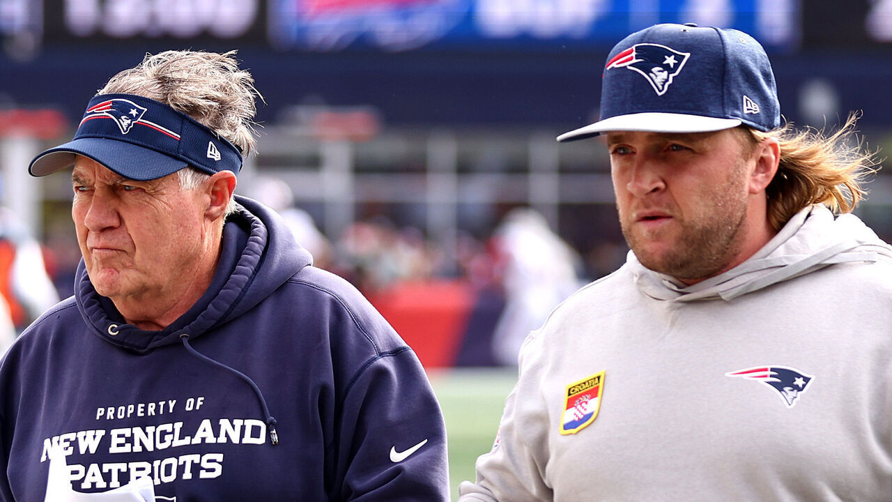 FOXBOROUGH, MASSACHUSETTS - OCTOBER 22: : Head coach Bill Belichick of the New England Patriots and linebackers coach Steve Belichick walk together during the game against the Buffalo Bills at Gillette Stadium on October 22, 2023 in Foxborough, Massachusetts.