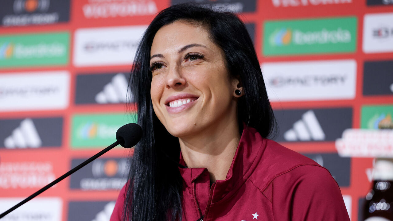 SEVILLE, SPAIN - FEBRUARY 27: Jennifer Hermoso of Spain speaks to the media during Spain Press Conference at Estadio La Cartuja on February 27, 2024 in Seville, Spain.