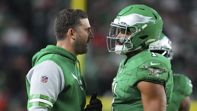 PHILADELPHIA, PENNSYLVANIA - OCTOBER 22: Head coach Nick Sirianni of the Philadelphia Eagles talks to Jalen Hurts #1 against the Miami Dolphins at Lincoln Financial Field on October 22, 2023 in Philadelphia, Pennsylvania.