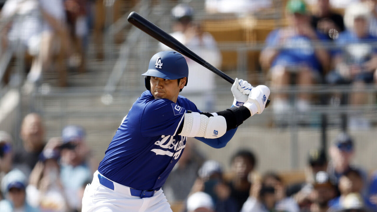 GLENDALE, AZ - FEBRUARY 27: Shohei Ohtani #17 of the Los Angeles Dodgers bats during the 2024 Spring Training Game between the Chicago White Sox and the Los Angeles Dodgers at Camelback Ranch-Glendale on Tuesday, February 27, 2024 in Glendale, Arizona.