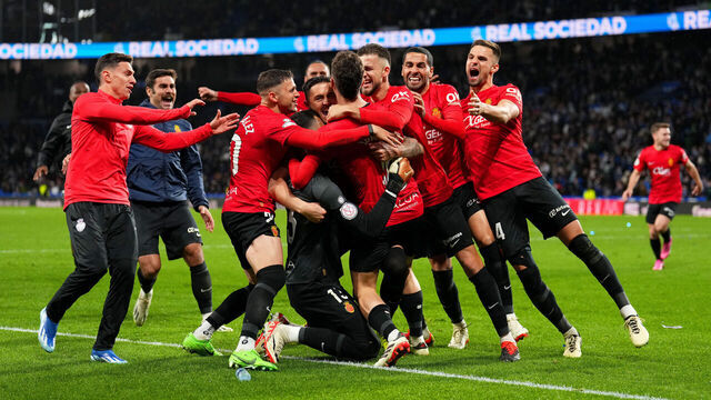 SAN SEBASTIAN, SPAIN - FEBRUARY 27: Players of RCD Mallorca celebrate after the team's victory in the penalty shoot out in the Copa del Rey Semifinal match between Real Sociedad and RCD Mallorca at Reale Arena on February 27, 2024 in San Sebastian, Spain.