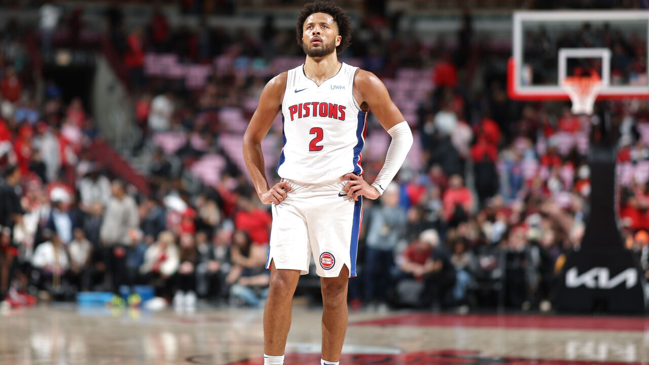 CHICAGO, IL -FEBRUARY 27: Cade Cunningham #2 of the Detroit Pistons looks on during the game against the Chicago Bulls on February 27, 2024 at United Center in Chicago, Illinois. Mandatory Copyright Notice: Copyright 2024 NBAE