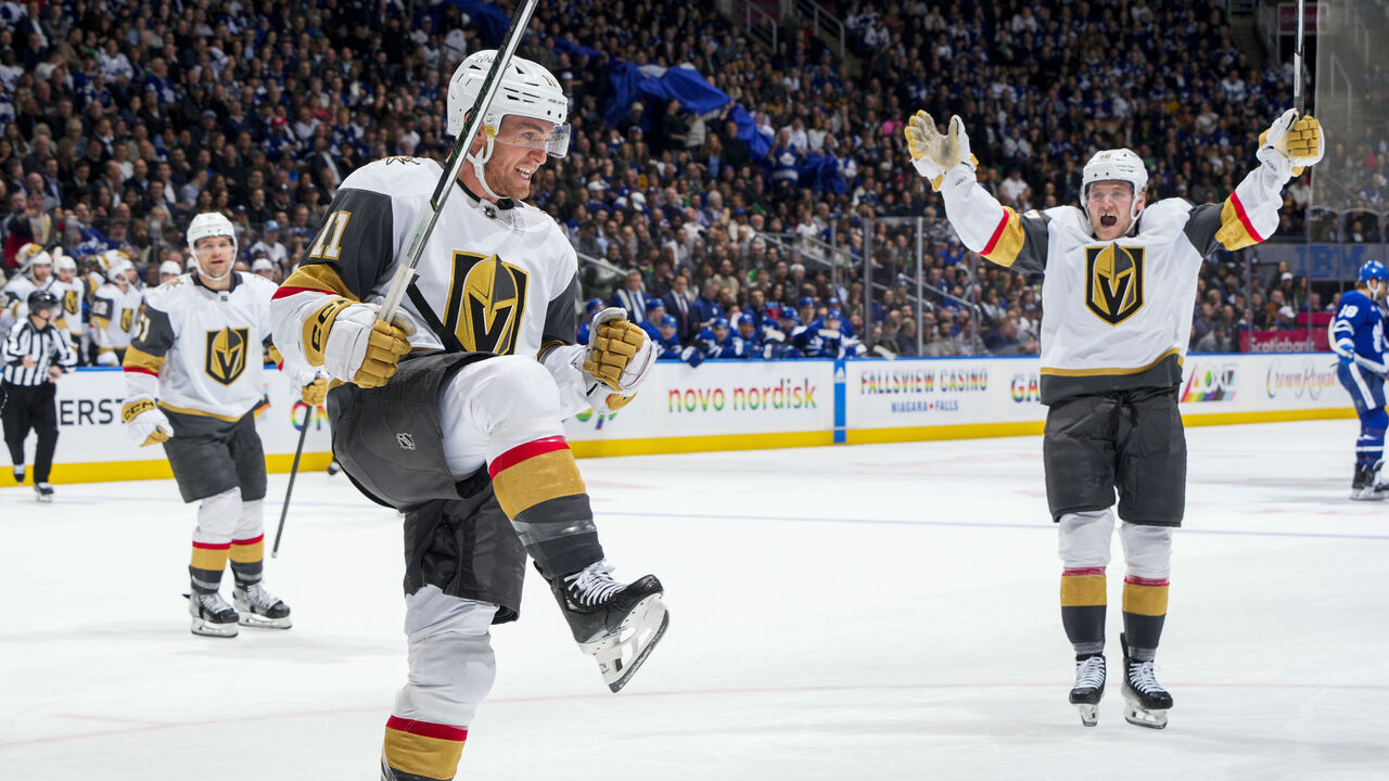 TORONTO, ON - FEBRUARY 27: Mason Morelli #11 of the Vegas Golden Knights celebrates his goal against the Toronto Maple Leafs during the second period at Scotiabank Arena on February 27, 2024 in Toronto, Ontario, Canada.