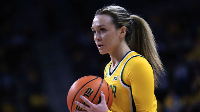 WACO, TX - FEBRUARY 18: Jana Van Gytenbeek #4 of the Baylor Bears handles the ball against the Texas Tech Red Raiders in the first half at Foster Pavilion on February 18, 2024 in Waco, Texas.