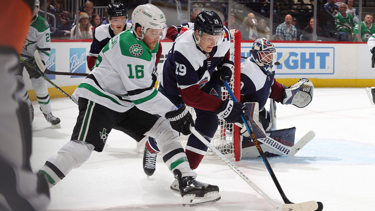 DENVER, COLORADO - FEBRUARY 27: Joe Pavelski #16 of the Dallas Stars skates against Nathan MacKinnon #29 of the Colorado Avalanche at Ball Arena on February 27, 2024 in Denver, Colorado.
