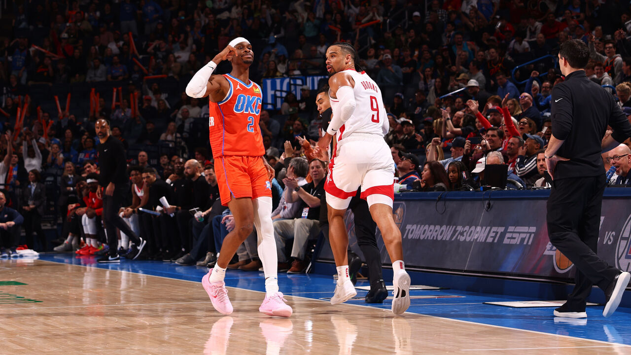 OKLAHOMA CITY, OK - FEBRUARY 27: Shai Gilgeous-Alexander #2 of the Oklahoma City Thunder celebrates during the game against the Houston Rockets on February, 2024 at Paycom Arena in Oklahoma City, Oklahoma. Mandatory Copyright Notice: Copyright 2024 NBAE