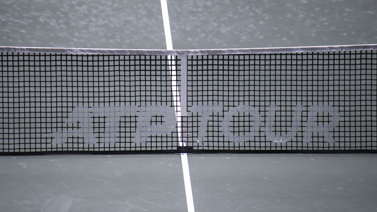 Close up at the net of the tennis court with the ATP TOUR inscription during the match of Alex de Minaur of Australia against Sebastian Korda of the USA, at day 2 of the ABN AMRO Open 2024 a professional tennis ATP 500 tournament game at Ahoy Arena on February 13, 2024 in Rotterdam, the Netherlands.
