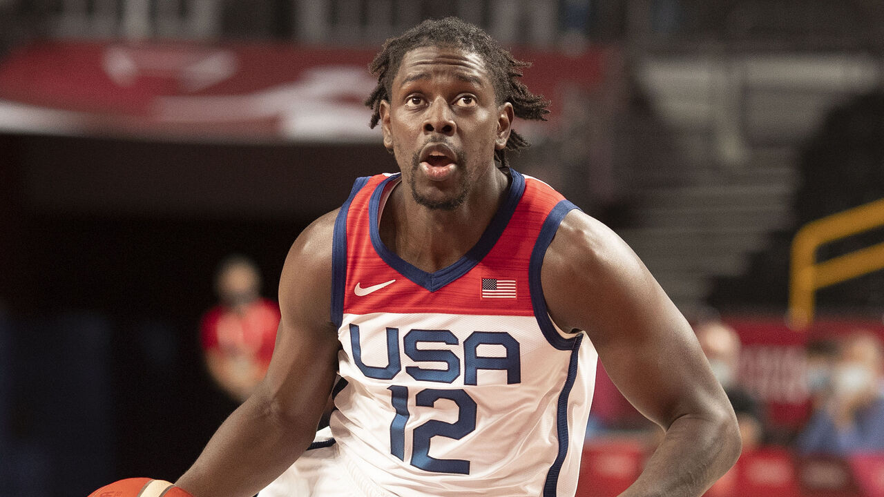 TOKYO, JAPAN August 7: Jrue Holiday #12 of the United States drives to the basket during the France V USA basket final for men at the Saitama Super Arena during the Tokyo 2020 Summer Olympic Games on August 7, 2021 in Tokyo, Japan.