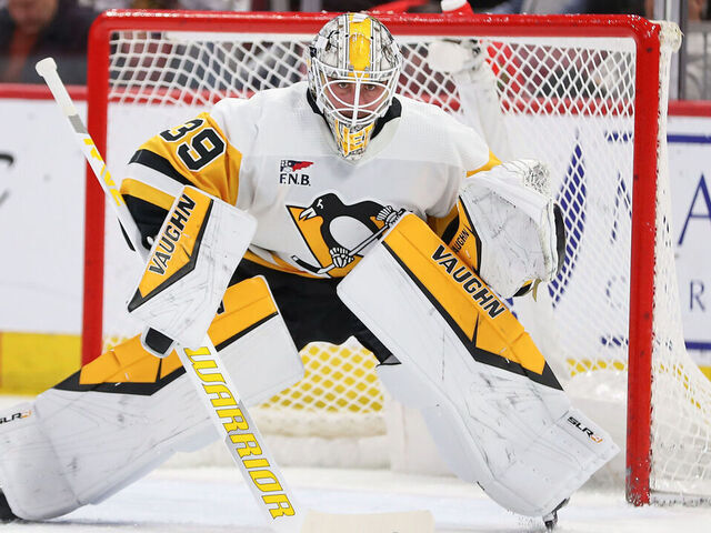 CHICAGO, IL - FEBRUARY 15: Alex Nedeljkovic #39 of the Pittsburgh Penguins tends net during the first period against the Chicago Blackhawks at the United Center on February 15, 2024 in Chicago, Illinois.