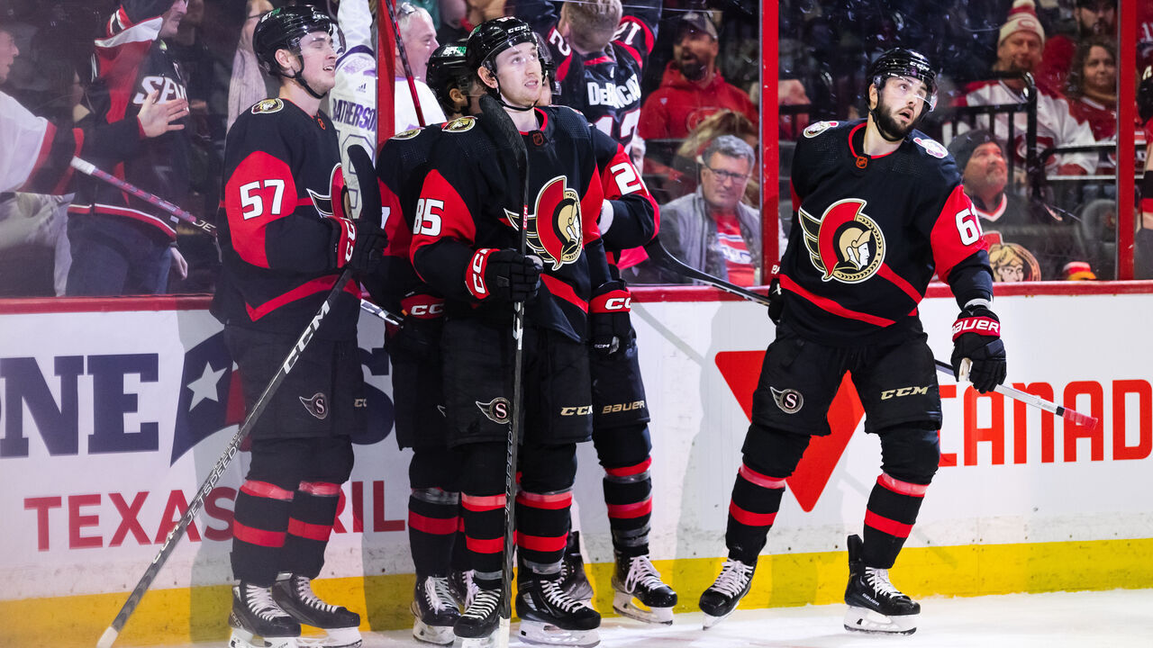 OTTAWA, ON - JANUARY 28: Ottawa Senators Defenceman Jake Sanderson (85) after celebrating a goal with teammates including Center Shane Pinto (57) and Left Wing Derick Brassard (61) during second period National Hockey League action between the Montreal Canadiens and Ottawa Senators on January 28, 2023, at Canadian Tire Centre in Ottawa, ON, Canada.