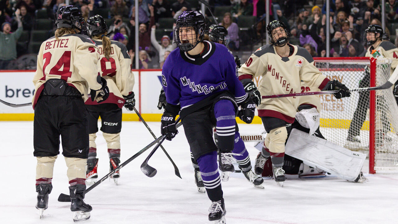 SAINT PAUL, MN - JANUARY 24: Minnesota forward Michela Cava (86) celebrates scoring a goal during the second period of a PWHL game between Montreal and Minnesota on January 24th, 2024, at the Xcel Energy Center in Saint Paul, MN.