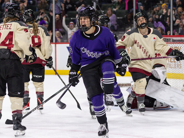 SAINT PAUL, MN - JANUARY 24: Minnesota forward Michela Cava (86) celebrates scoring a goal during the second period of a PWHL game between Montreal and Minnesota on January 24th, 2024, at the Xcel Energy Center in Saint Paul, MN.