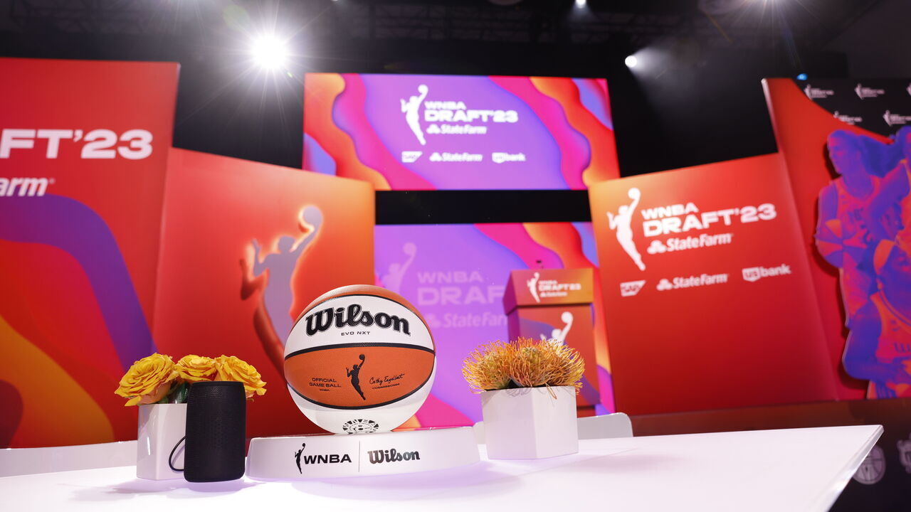 NEW YORK, NY - APRIL 10: An overall view of the draft stage and WNBA Wilson ball during the 2023 WNBA Draft on April 10, 2023 at Spring Studios in New York, New York. Mandatory Copyright Notice: Copyright 2022 NBAE