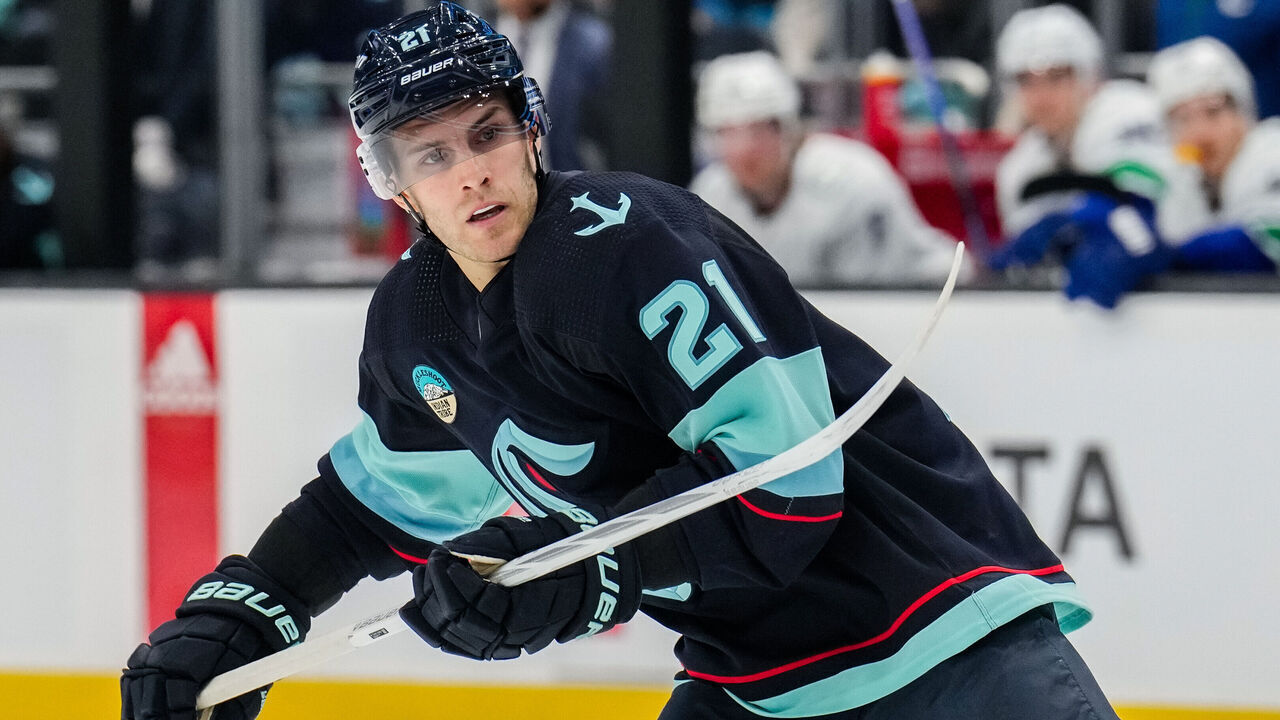 SEATTLE, WASHINGTON - FEBRUARY 22: Alex Wennberg #21 of the Seattle Kraken skates during the first period of a game against the Vancouver Canucks at Climate Pledge Arena on February 22, 2024 in Seattle, Washington.