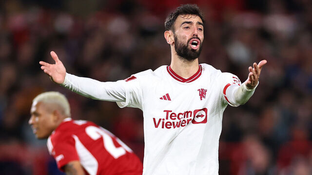 NOTTINGHAM, ENGLAND - FEBRUARY 28: Bruno Fernandes of Manchester United reacts during the Emirates FA Cup Fifth Round match between Nottingham Forest and Manchester United at City Ground on February 28, 2024 in Nottingham, England.