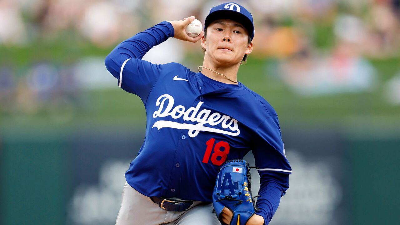 SURPRISE, AZ - FEBRUARY 28: Yoshinobu Yamamoto #18 of the Los Angeles Dodgers pitches during the 2024 Spring Training Game between the Los Angeles Dodgers and the Texas Rangers at Surprise Stadium on Wednesday, February 28, 2024 in Surprise, Arizona.