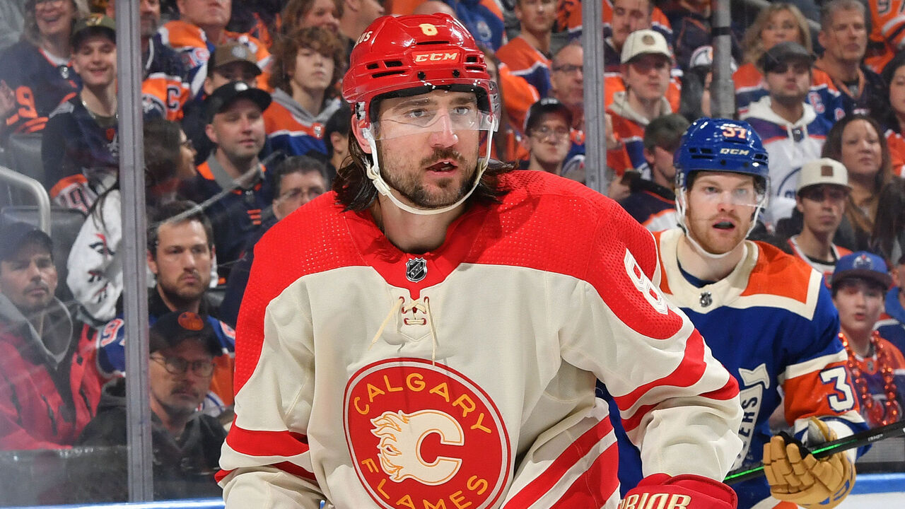 EDMONTON, CANADA - FEBRUARY 24: Chris Tanev #8 of the Calgary Flames in action during the game against the Edmonton Oilers at Rogers Place on February 24, 2024, in Edmonton, Alberta, Canada.