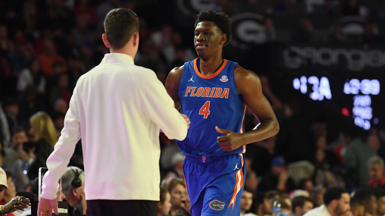 ATHENS, GA - FEBRUARY 17: Florida Gators Forward Tyrese Samuel (4) checks out of the game during the college basketball game between the Florida Gators and the Georgia Bulldogs on February 17, 2024, at Stegeman Coliseum in Athens, GA.