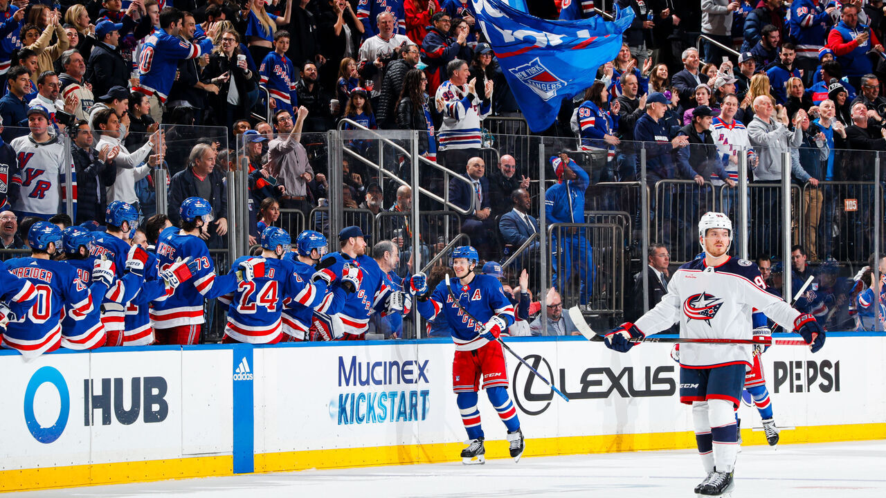 NEW YORK, NEW YORK - FEBRUARY 28: Artemi Panarin #10 of the New York Rangers celebrates with teammates after scoring a goal in the second period against the Columbus Blue Jackets at Madison Square Garden on February 28, 2024 in New York City.