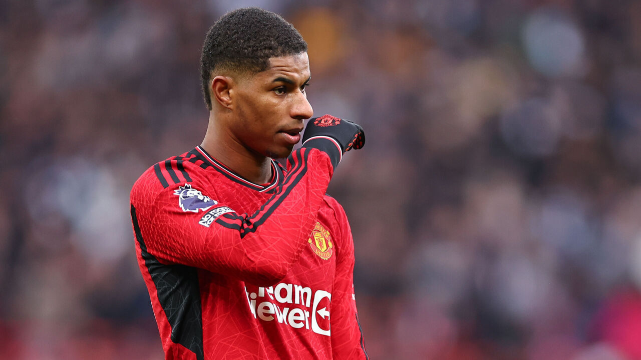 MANCHESTER, ENGLAND - FEBRUARY 24: Marcus Rashford of Manchester United during the Premier League match between Manchester United and Fulham FC at Old Trafford on February 24, 2024 in Manchester, England.