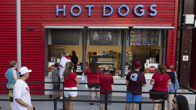 PHILADELPHIA, PA - AUGUST 24: Fans wait in line to get hot dogs prior to the game between the Philadelphia Phillies and Tampa Bay Rays at Citizens Bank Park on August 24, 2021 in Philadelphia, Pennsylvania. The Rays defeated the Phillies 3-1.