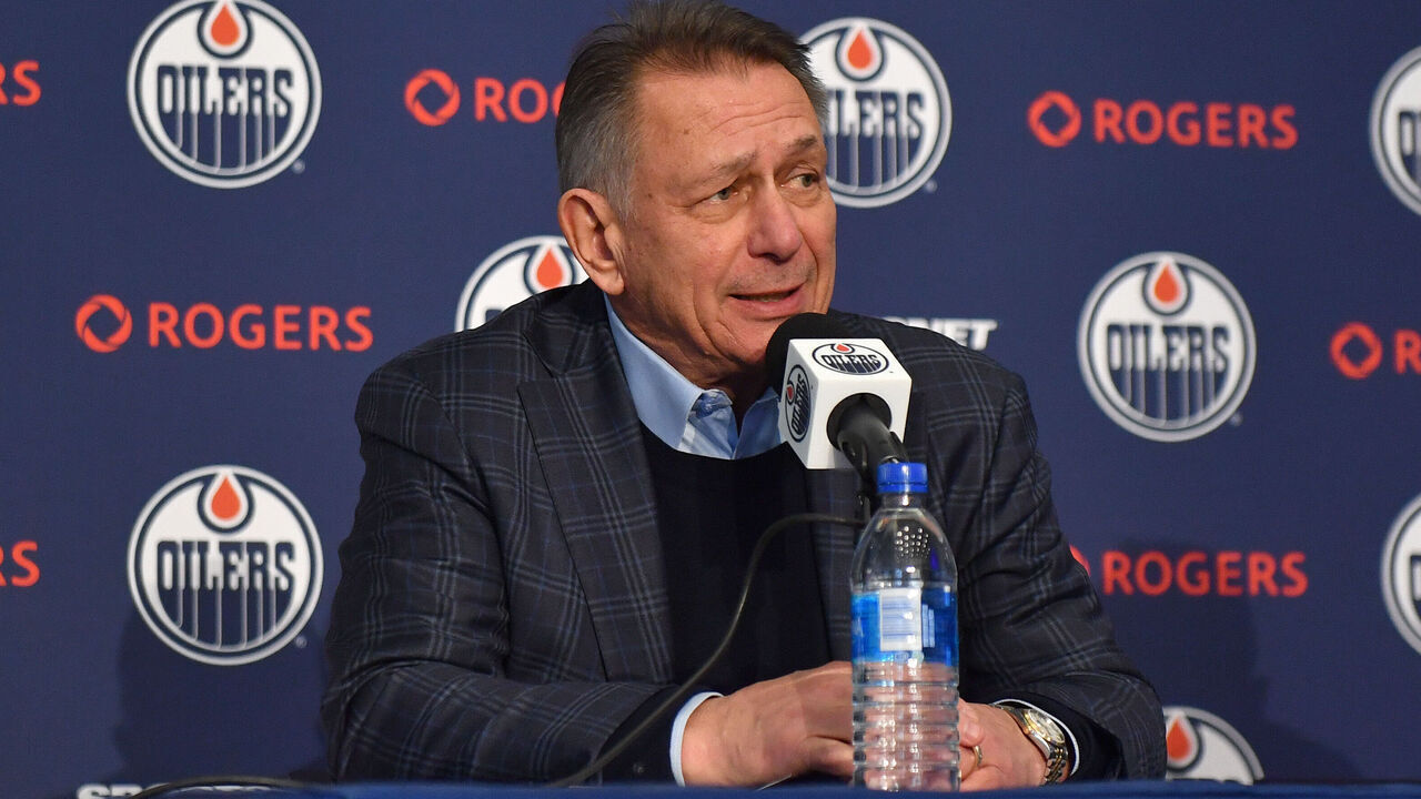EDMONTON, CANADA - JANUARY 22: Ken Holland speaks at the Corey Perry free agent signing press conference at Rogers Place on January 22, 2024, in Edmonton, Alberta, Canada.