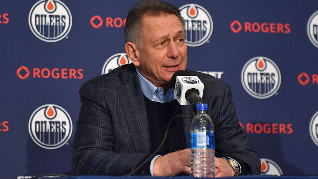 EDMONTON, CANADA - JANUARY 22: Ken Holland speaks at the Corey Perry free agent signing press conference at Rogers Place on January 22, 2024, in Edmonton, Alberta, Canada.