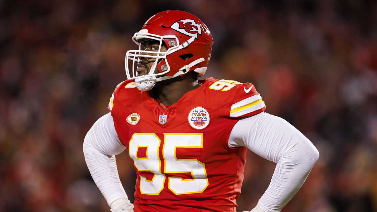 KANSAS CITY, MISSOURI - DECEMBER 31: Chris Jones #95 of the Kansas City Chiefs looks on with his hands on hips during an NFL football game against the Cincinnati Bengals at GEHA Field at Arrowhead Stadium on December 31, 2023 in Kansas City, Missouri.