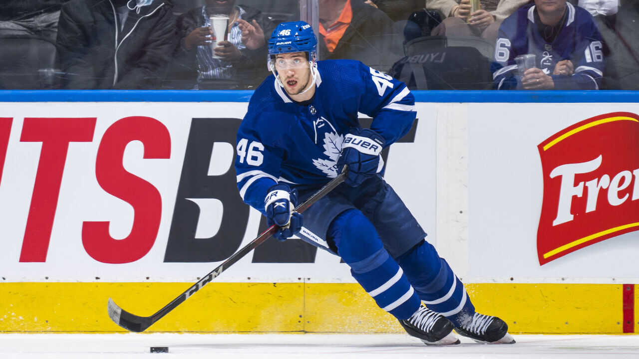 TORONTO, ON - APRIL 26: Ilya Lyubushkin #46 of the Toronto Maple Leafs skates against the Detroit Red Wings during the first period at the Scotiabank Arena on April 26, 2022 in Toronto, Ontario, Canada.