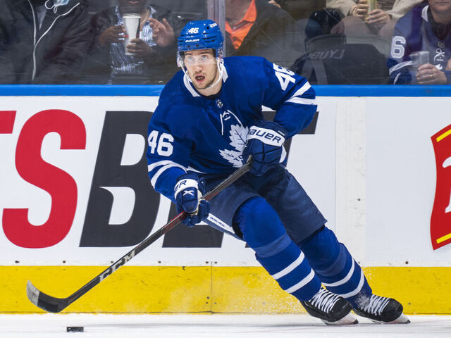 TORONTO, ON - APRIL 26: Ilya Lyubushkin #46 of the Toronto Maple Leafs skates against the Detroit Red Wings during the first period at the Scotiabank Arena on April 26, 2022 in Toronto, Ontario, Canada.
