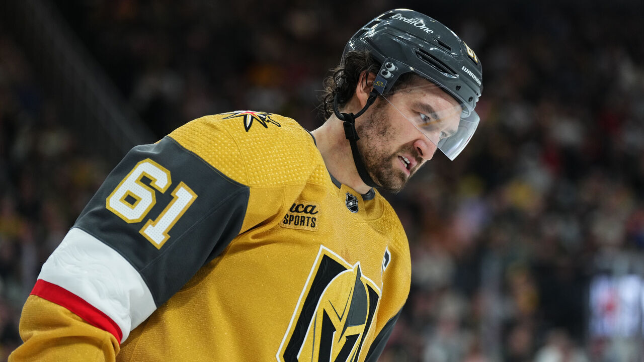 LAS VEGAS, NEVADA - FEBRUARY 17: Mark Stone #61 of the Vegas Golden Knights reacts during the second period against the Carolina Hurricanes at T-Mobile Arena on February 17, 2024 in Las Vegas, Nevada.