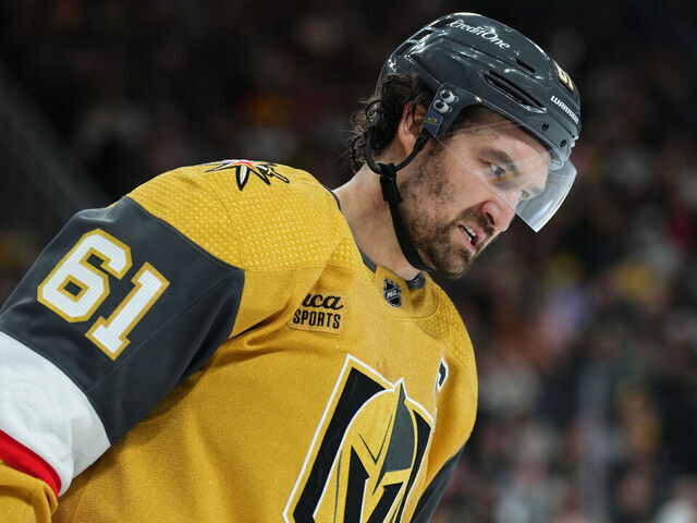 LAS VEGAS, NEVADA - FEBRUARY 17: Mark Stone #61 of the Vegas Golden Knights reacts during the second period against the Carolina Hurricanes at T-Mobile Arena on February 17, 2024 in Las Vegas, Nevada.
