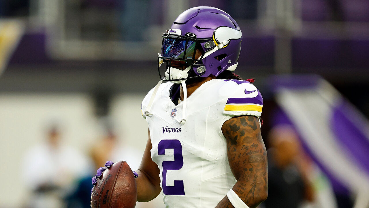 MINNEAPOLIS, MINNESOTA - DECEMBER 24: Alexander Mattison #2 of the Minnesota Vikings looks on prior to the start of the game against the Detroit Lions at U.S. Bank Stadium on December 24, 2023 in Minneapolis, Minnesota. The Lions defeated the Vikings 30-24.